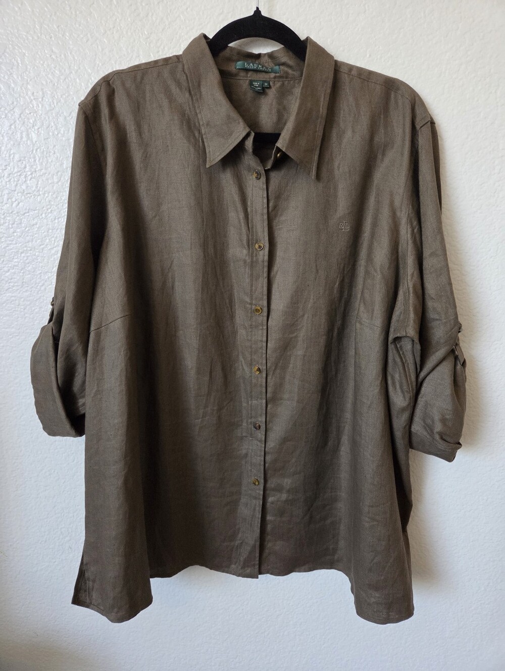 Lauren Ralph Lauren Brown Linen Button Placket Shirt Women's Size 2X